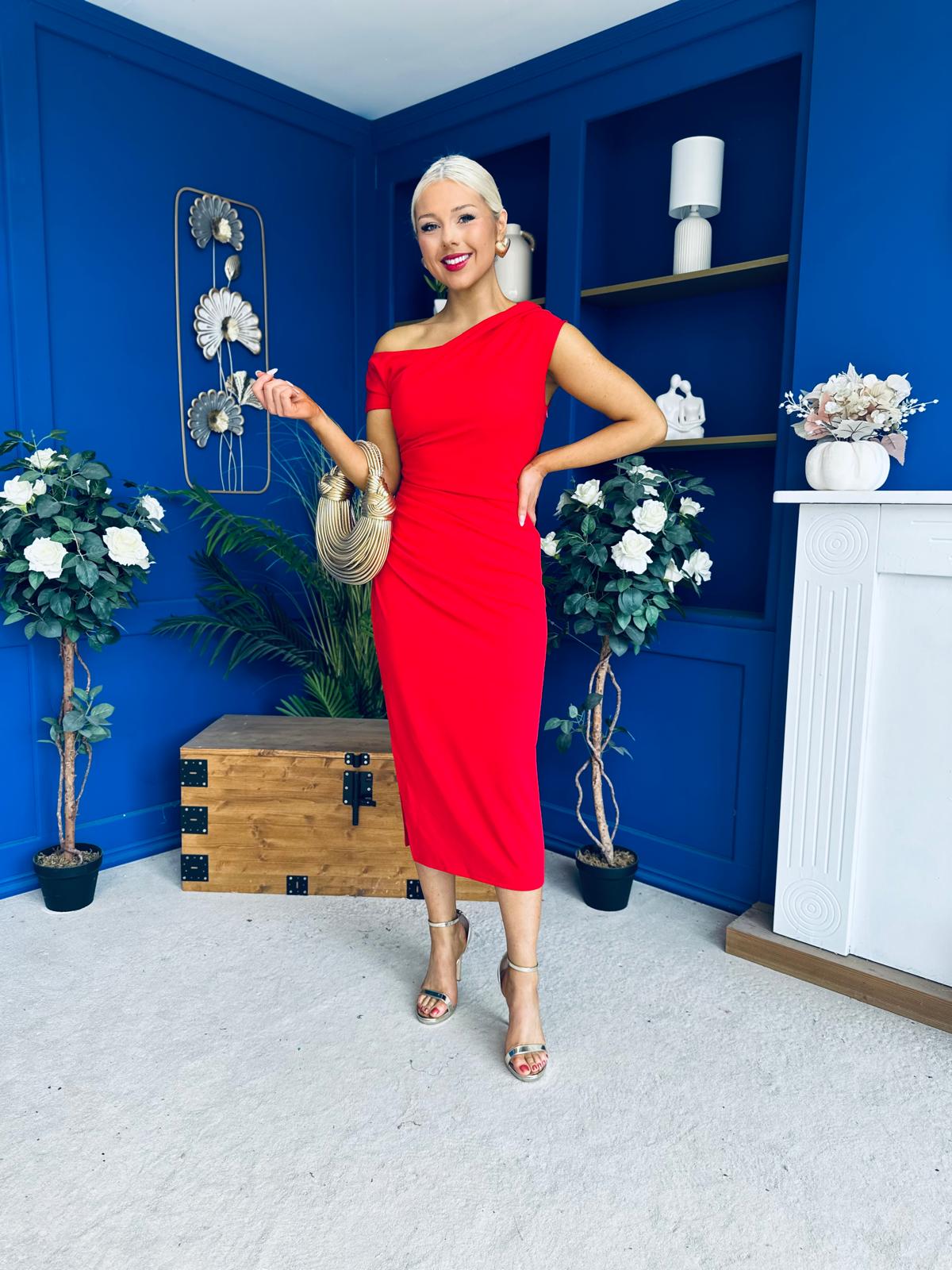 Donna Asymmetric Neckline Midi Dress Red