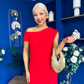 Donna Asymmetric Neckline Midi Dress Red
