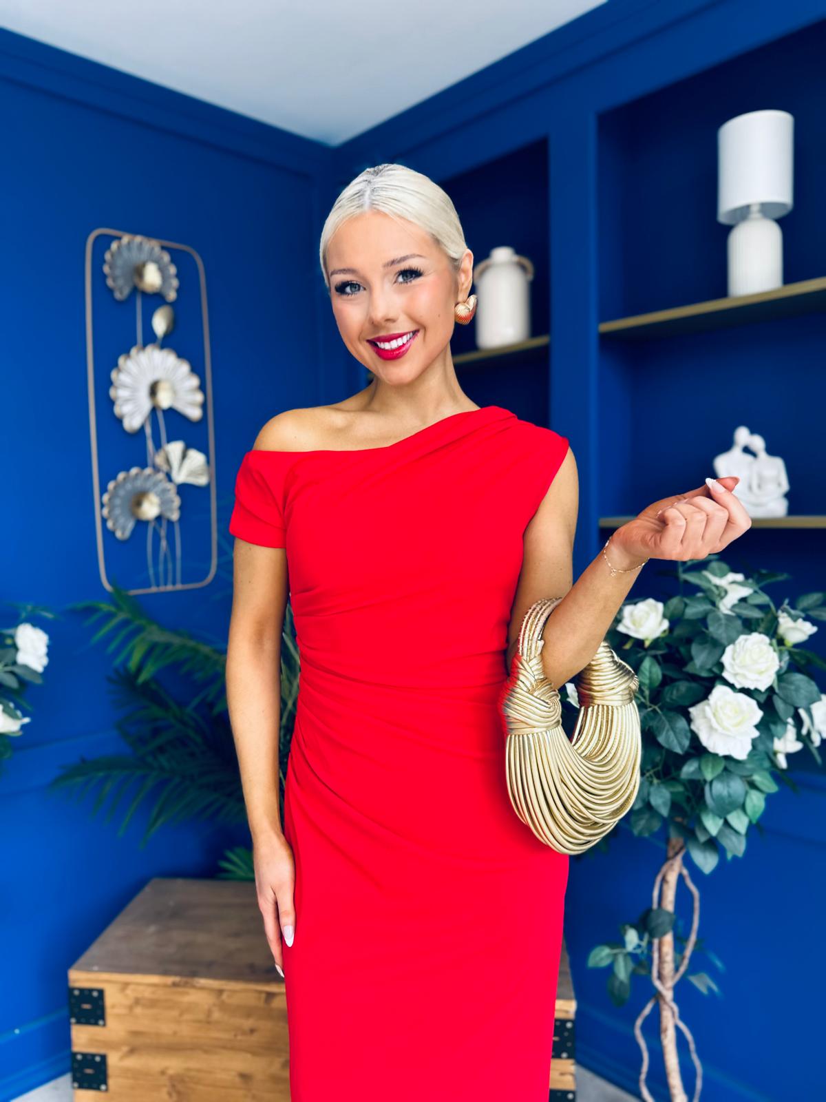 Donna Asymmetric Neckline Midi Dress Red