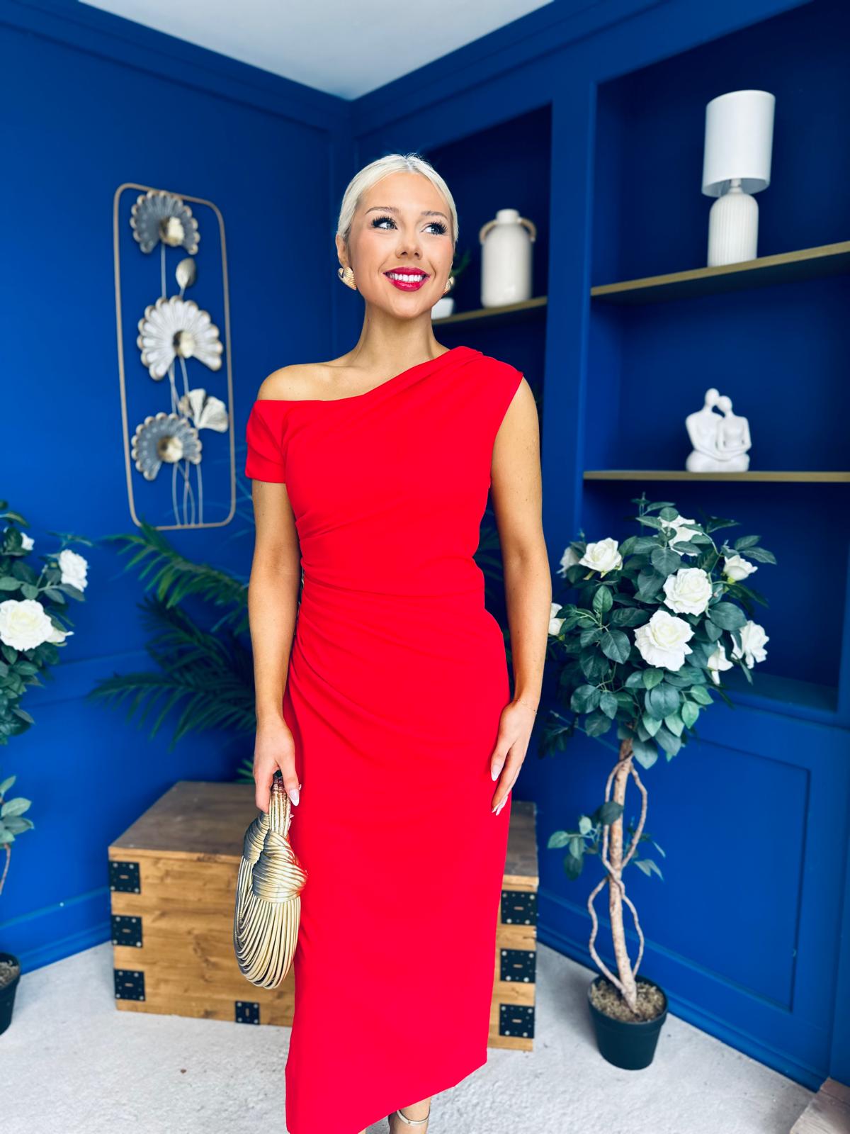 Donna Asymmetric Neckline Midi Dress Red