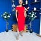 Donna Asymmetric Neckline Midi Dress Red