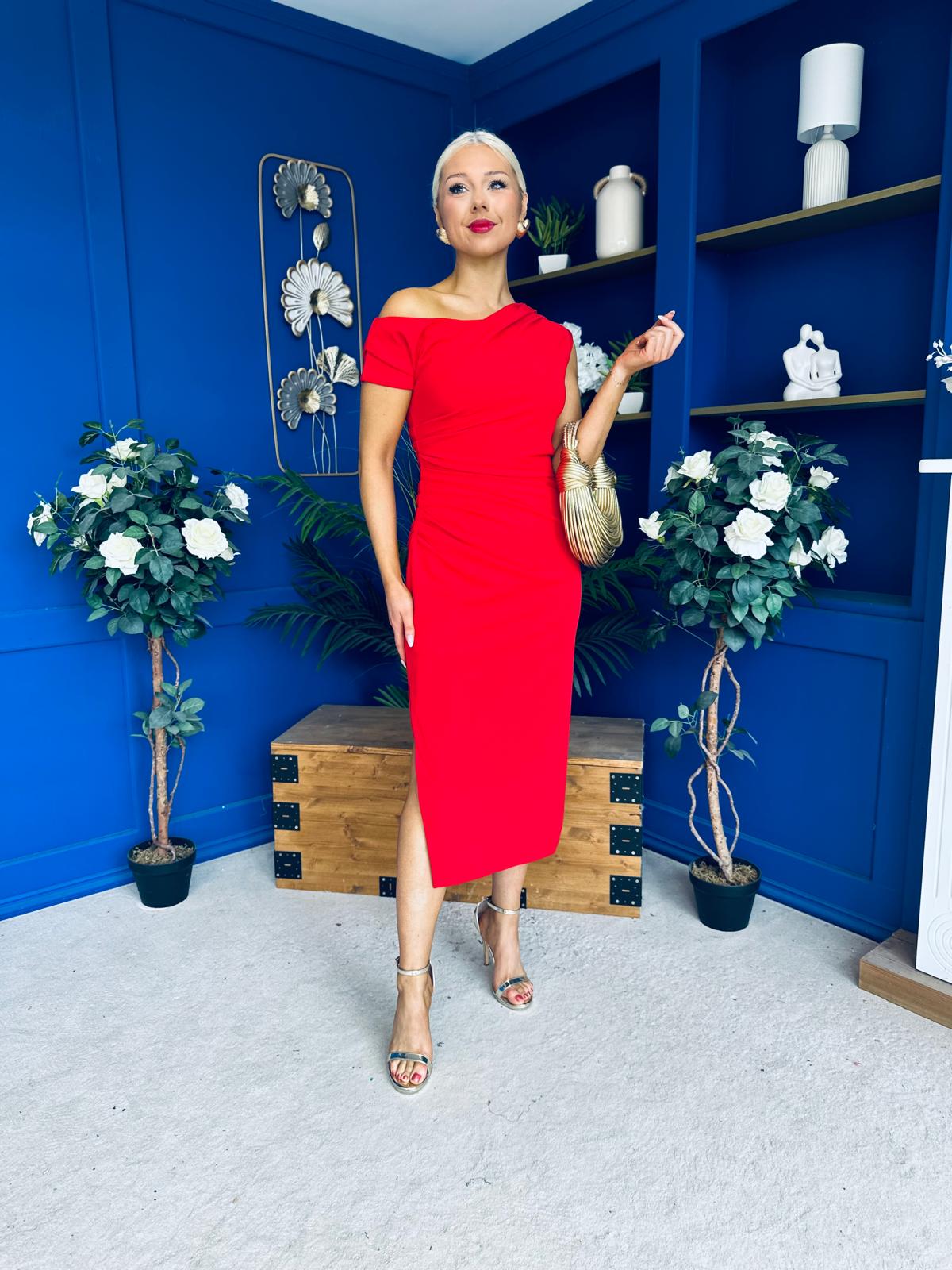 Donna Asymmetric Neckline Midi Dress Red