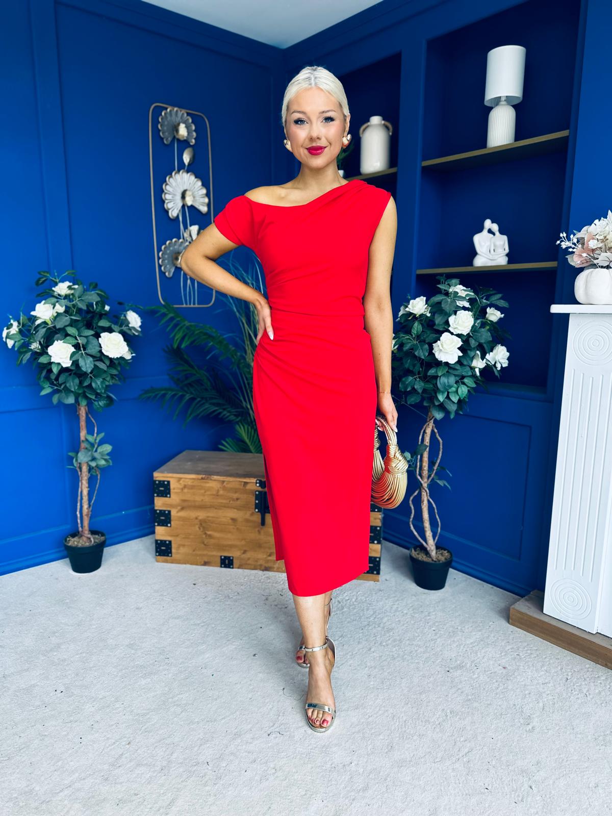 Donna Asymmetric Neckline Midi Dress Red