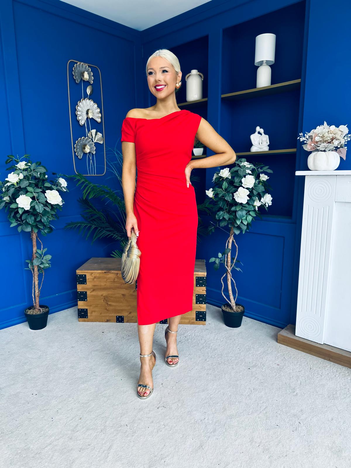 Donna Asymmetric Neckline Midi Dress Red