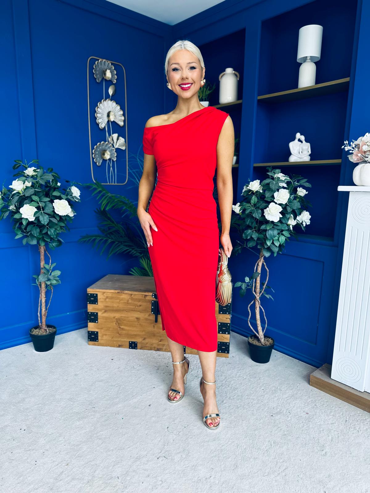 Donna Asymmetric Neckline Midi Dress Red