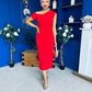 Donna Asymmetric Neckline Midi Dress Red