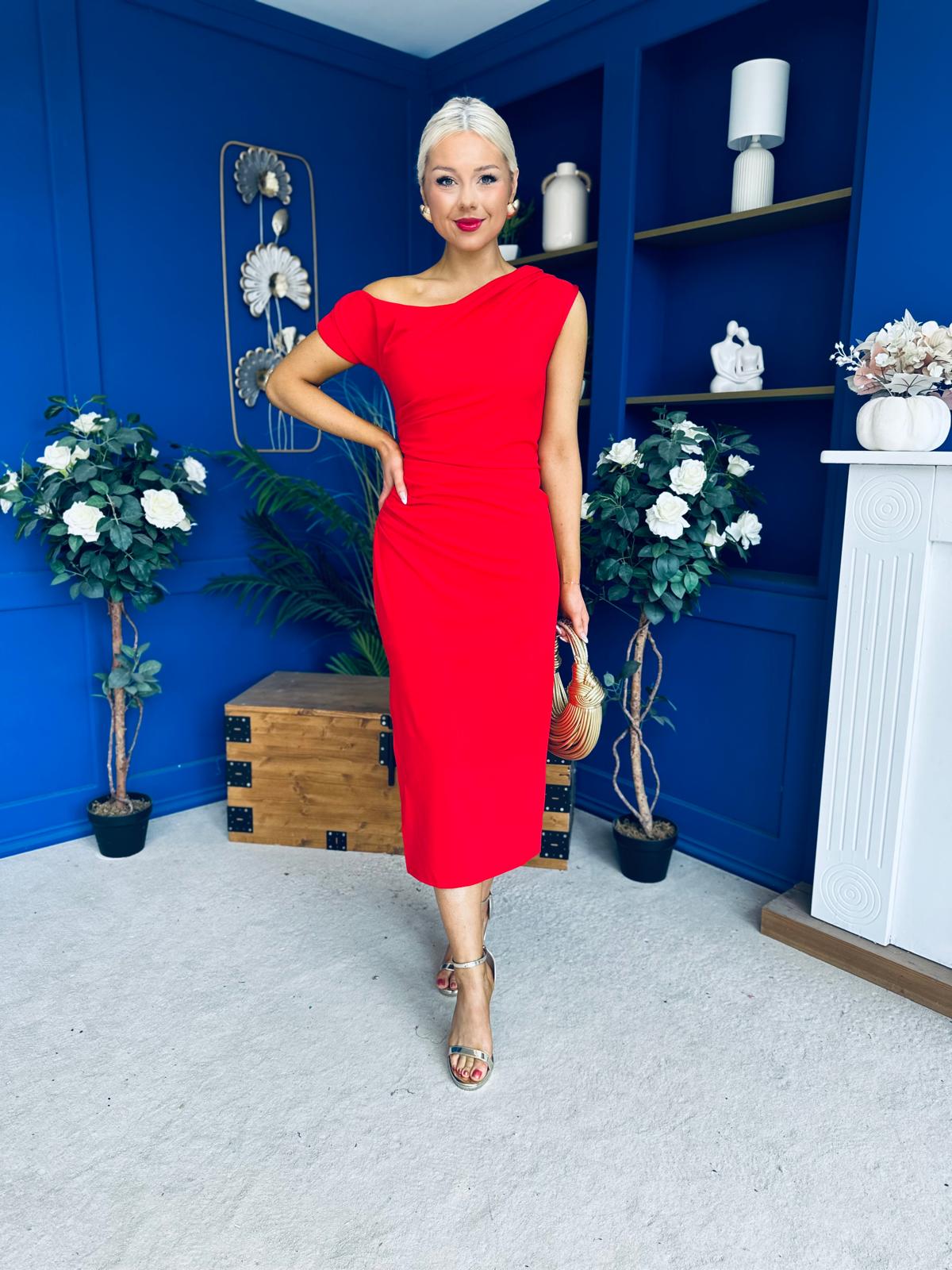 Donna Asymmetric Neckline Midi Dress Red