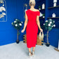 Donna Asymmetric Neckline Midi Dress Red