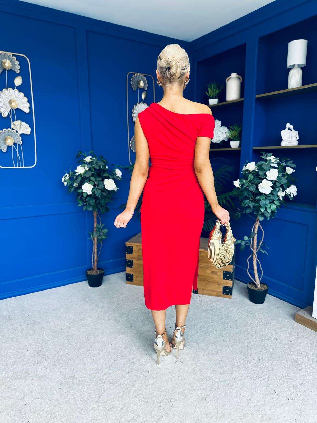 Donna Asymmetric Neckline Midi Dress Red