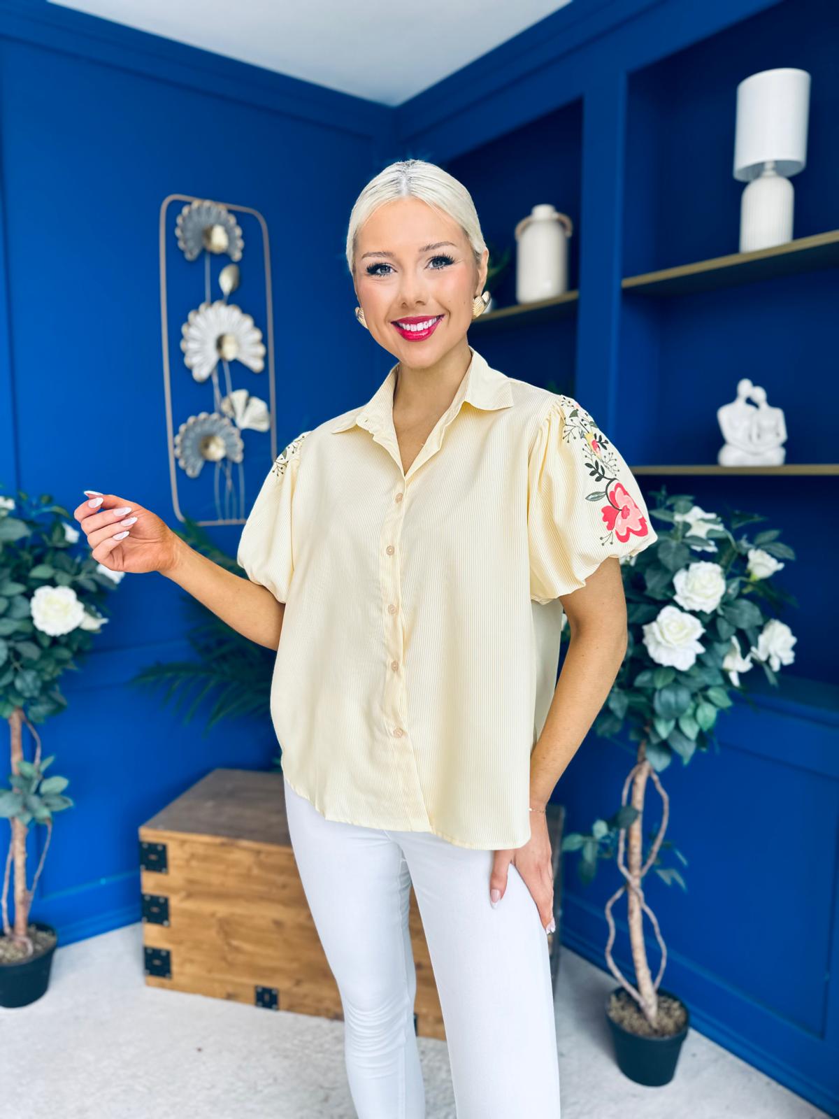Rua Embellished Detail Pinstripe Blouse Yellow