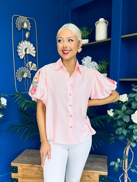 Rua Embellished Detail Pinstripe Blouse Pink