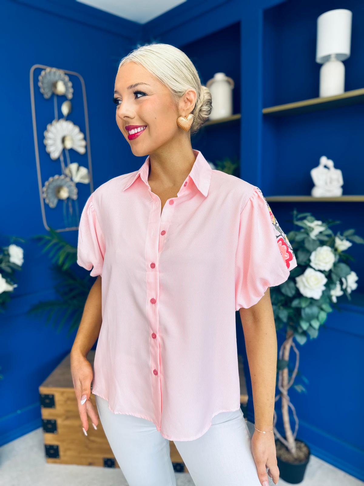 Rua Embellished Detail Pinstripe Blouse Pink
