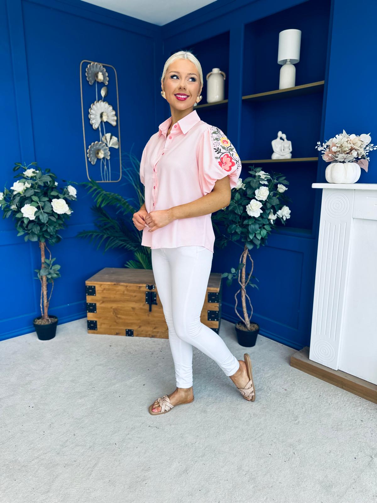 Rua Embellished Detail Pinstripe Blouse Pink