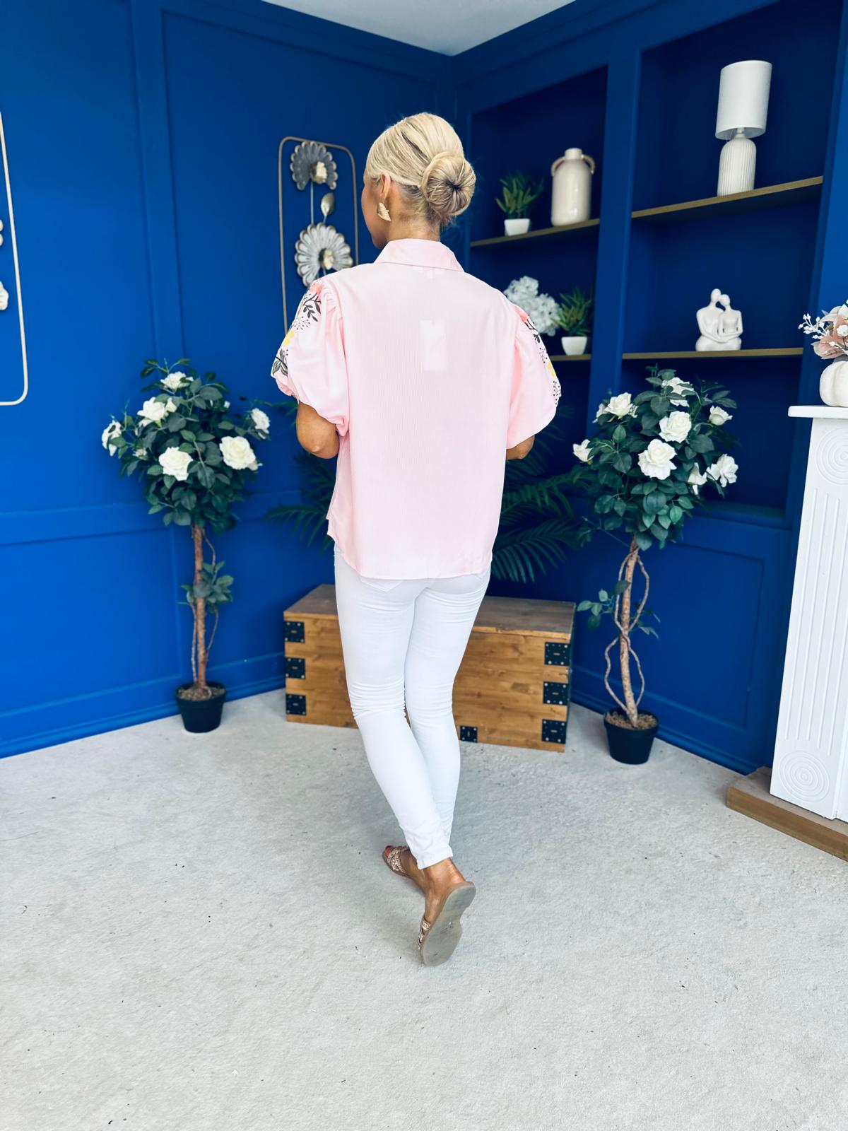 Rua Embellished Detail Pinstripe Blouse Pink