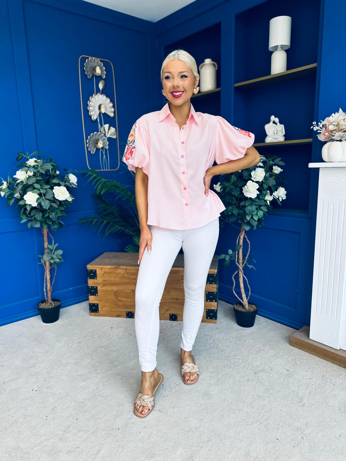 Rua Embellished Detail Pinstripe Blouse Pink