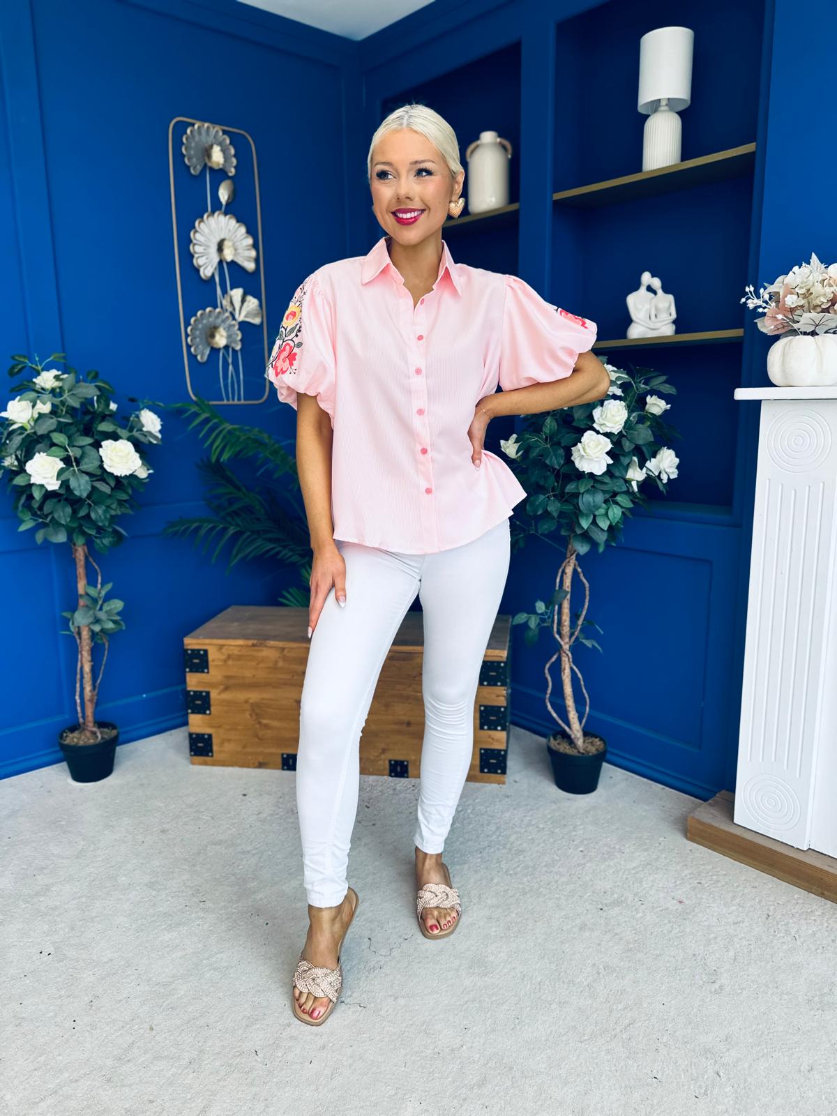 Rua Embellished Detail Pinstripe Blouse Pink