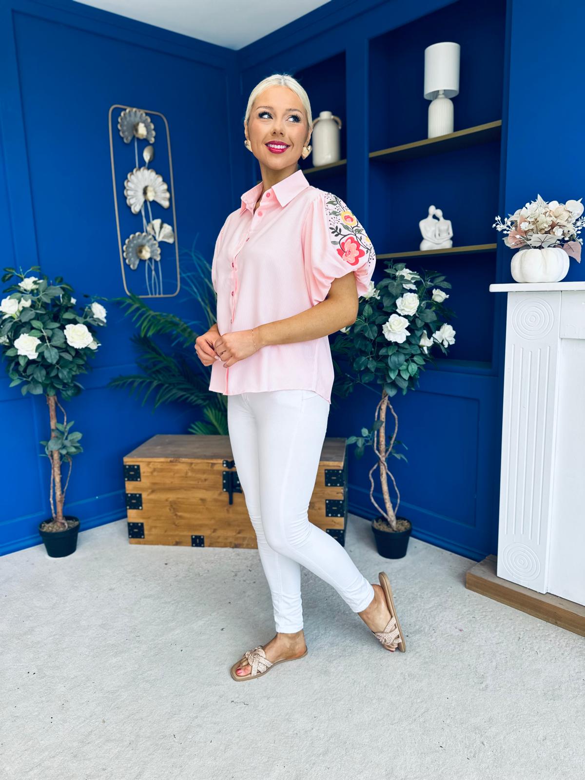 Rua Embellished Detail Pinstripe Blouse Pink
