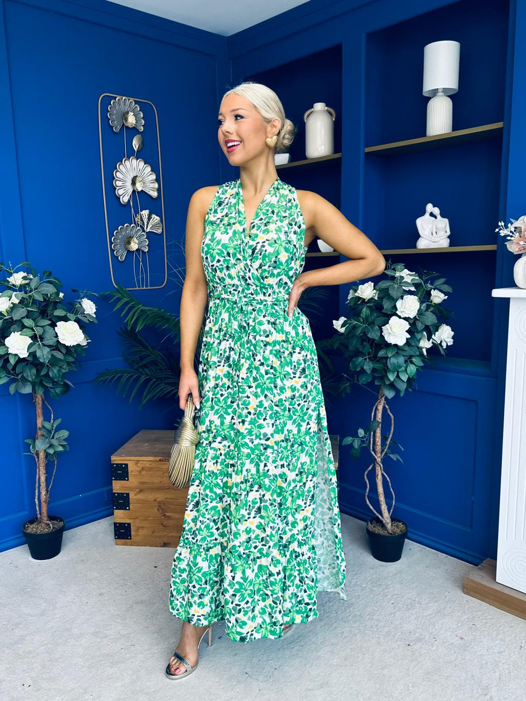 Melani Detailed Midi Dress Floral Green
