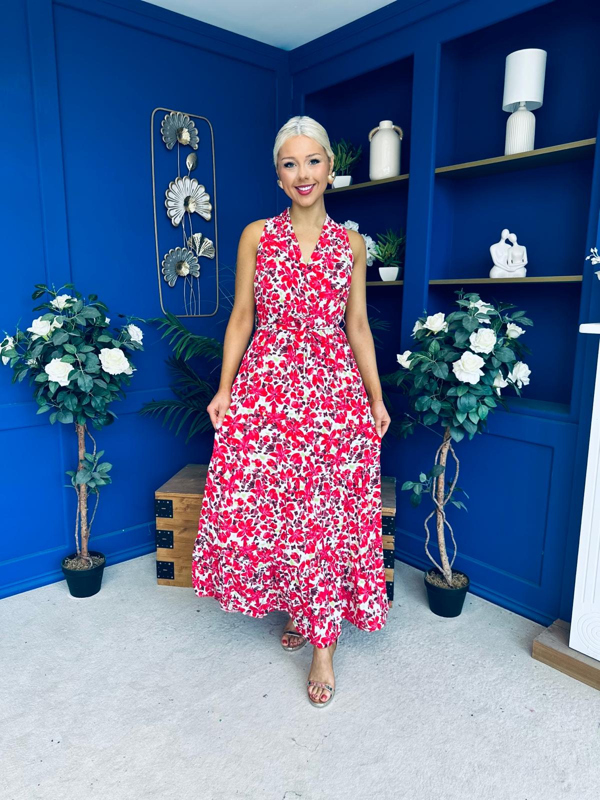 Melani Detailed Midi Dress Floral Red
