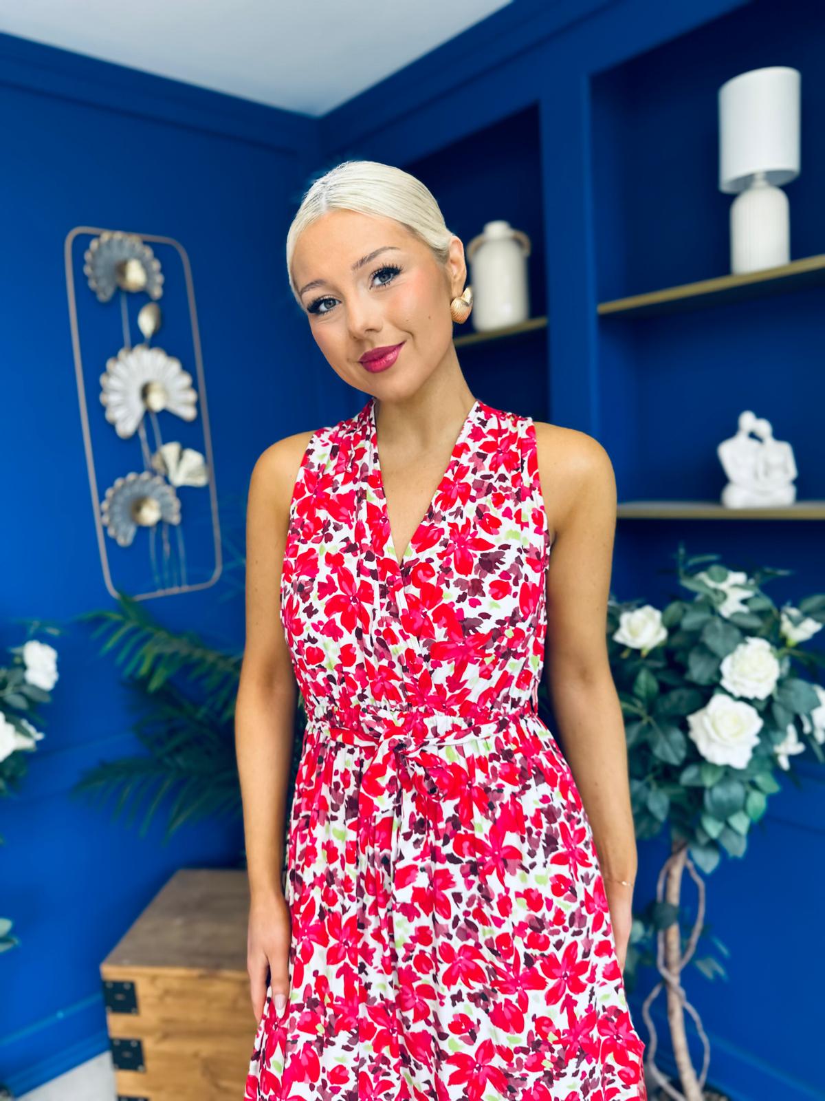Melani Detailed Midi Dress Floral Red