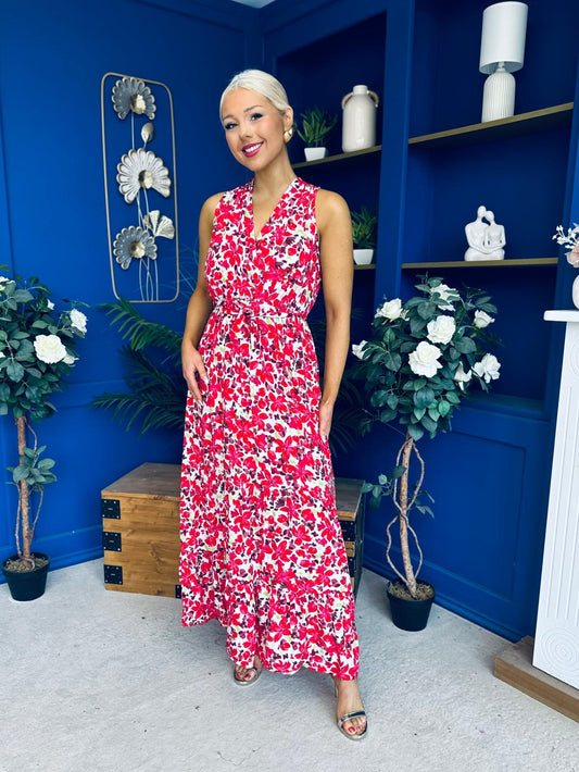 Melani Detailed Midi Dress Floral Red