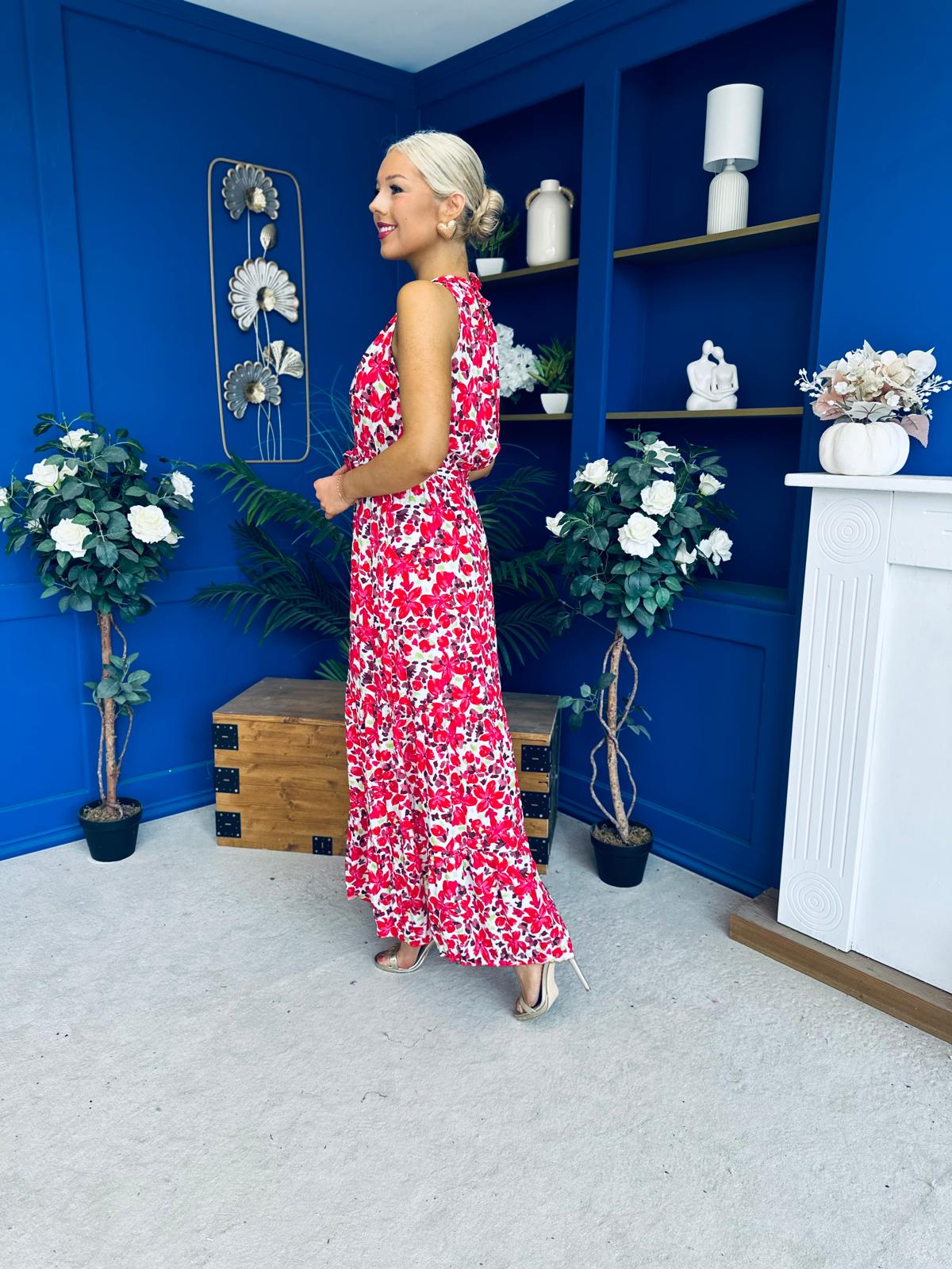 Melani Detailed Midi Dress Floral Red