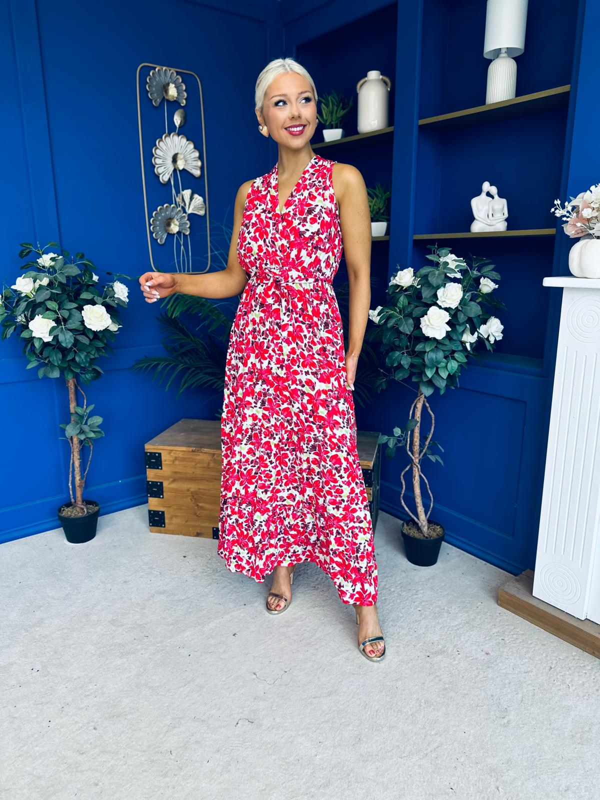 Melani Detailed Midi Dress Floral Red