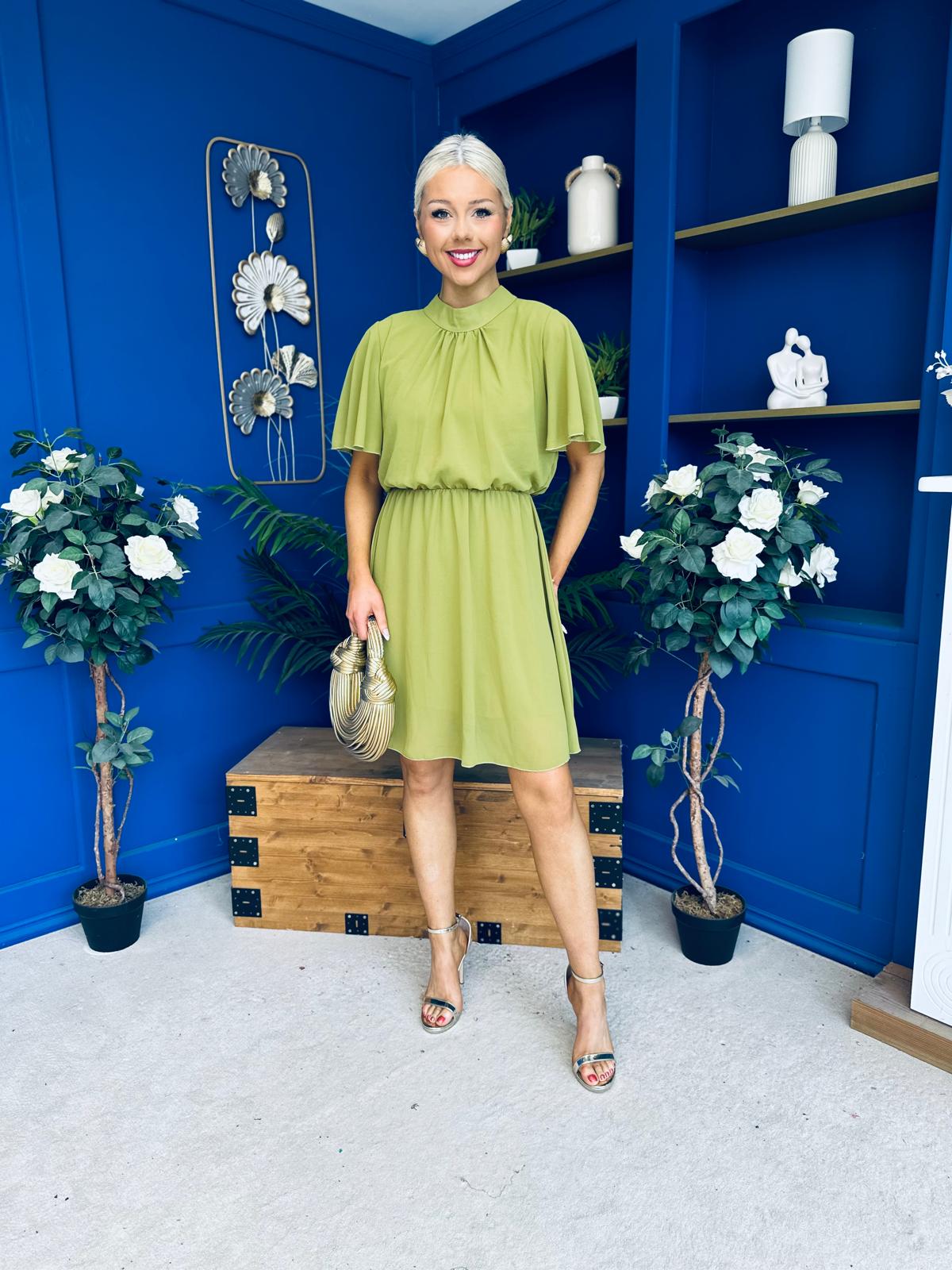 Tina Detailed Mini Dress Olive Green