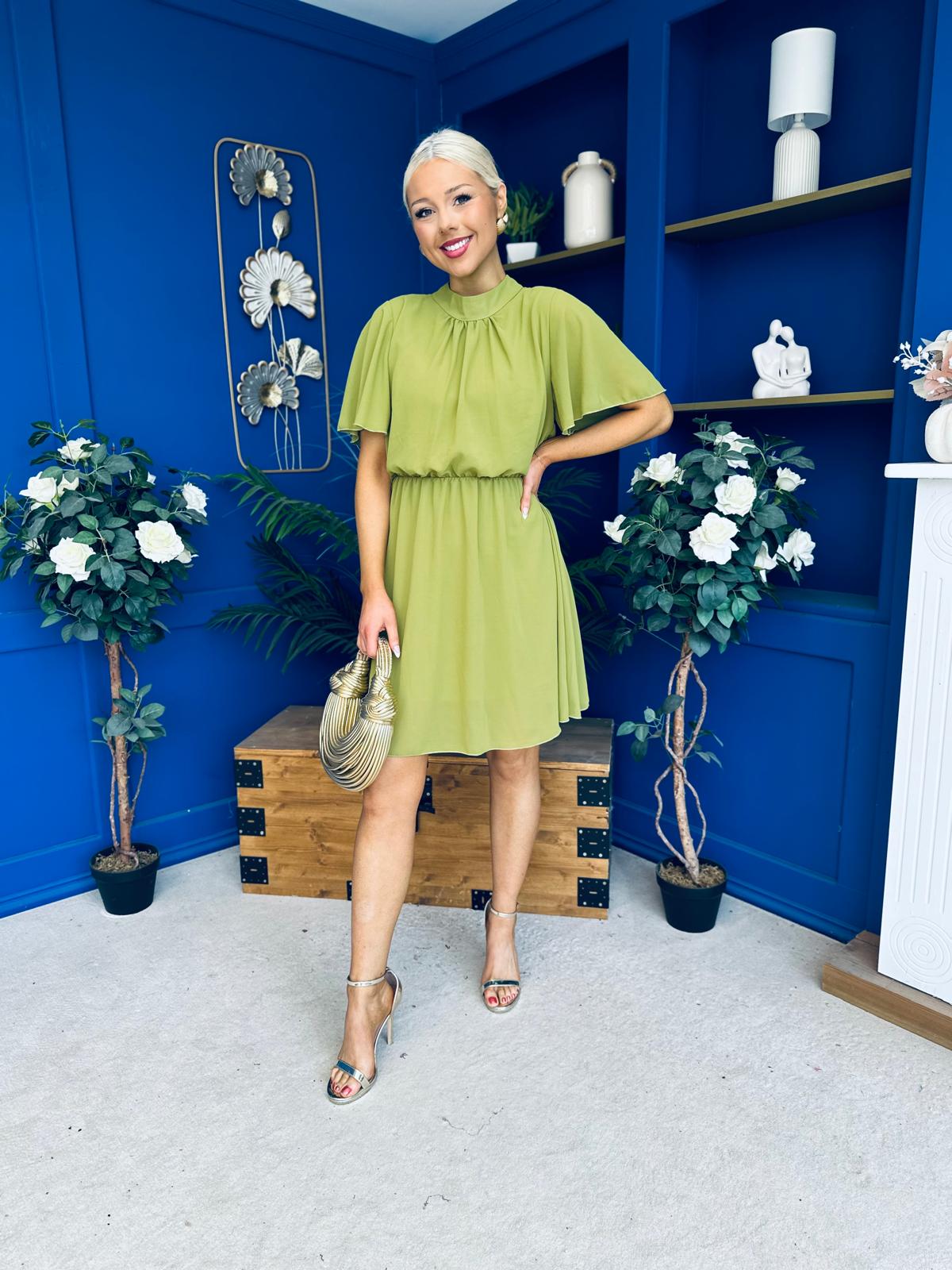 Tina Detailed Mini Dress Olive Green