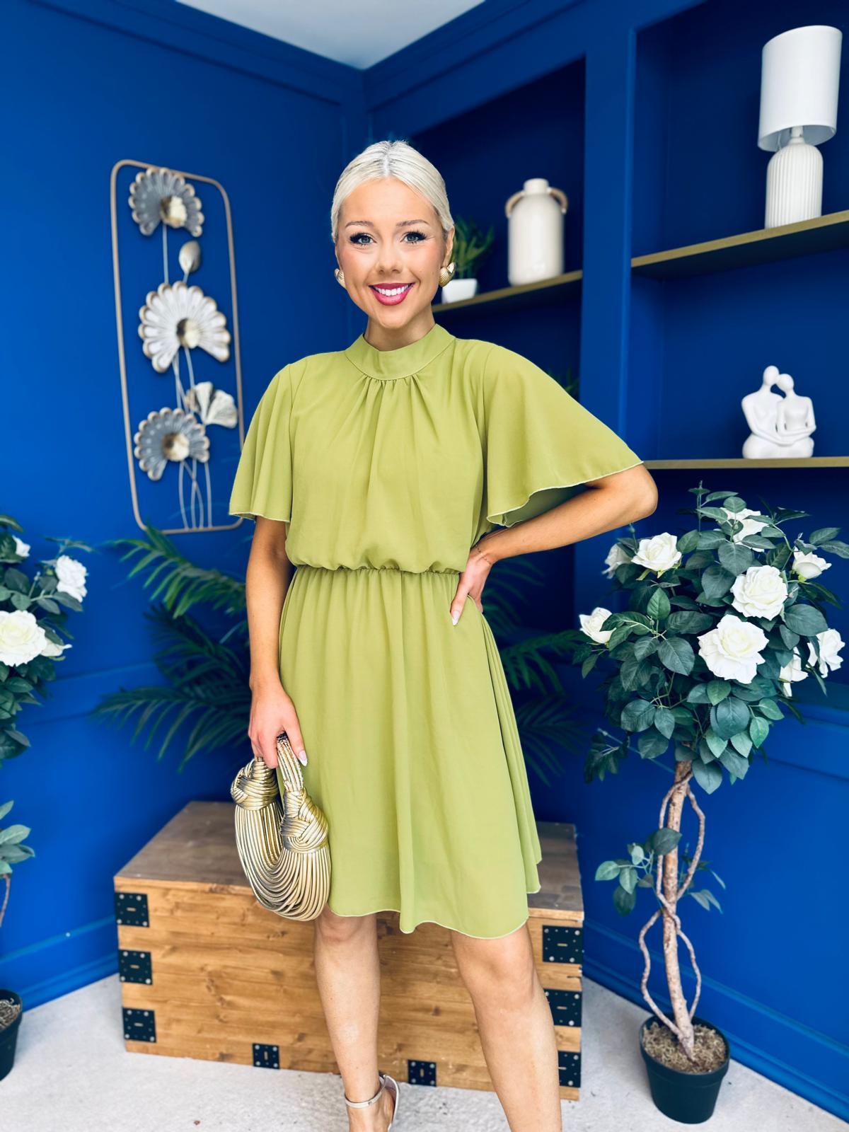 Tina Detailed Mini Dress Olive Green