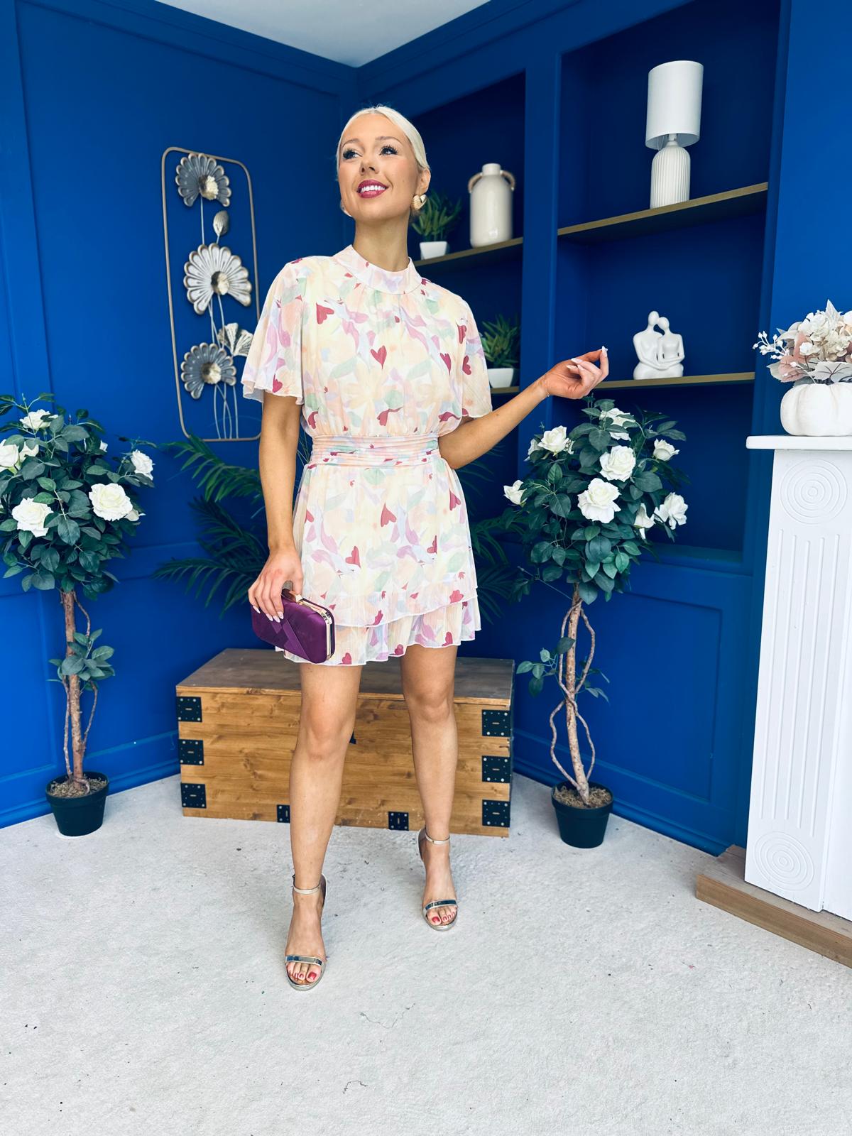 Sara Detailed Mini Dress Floral Yellow