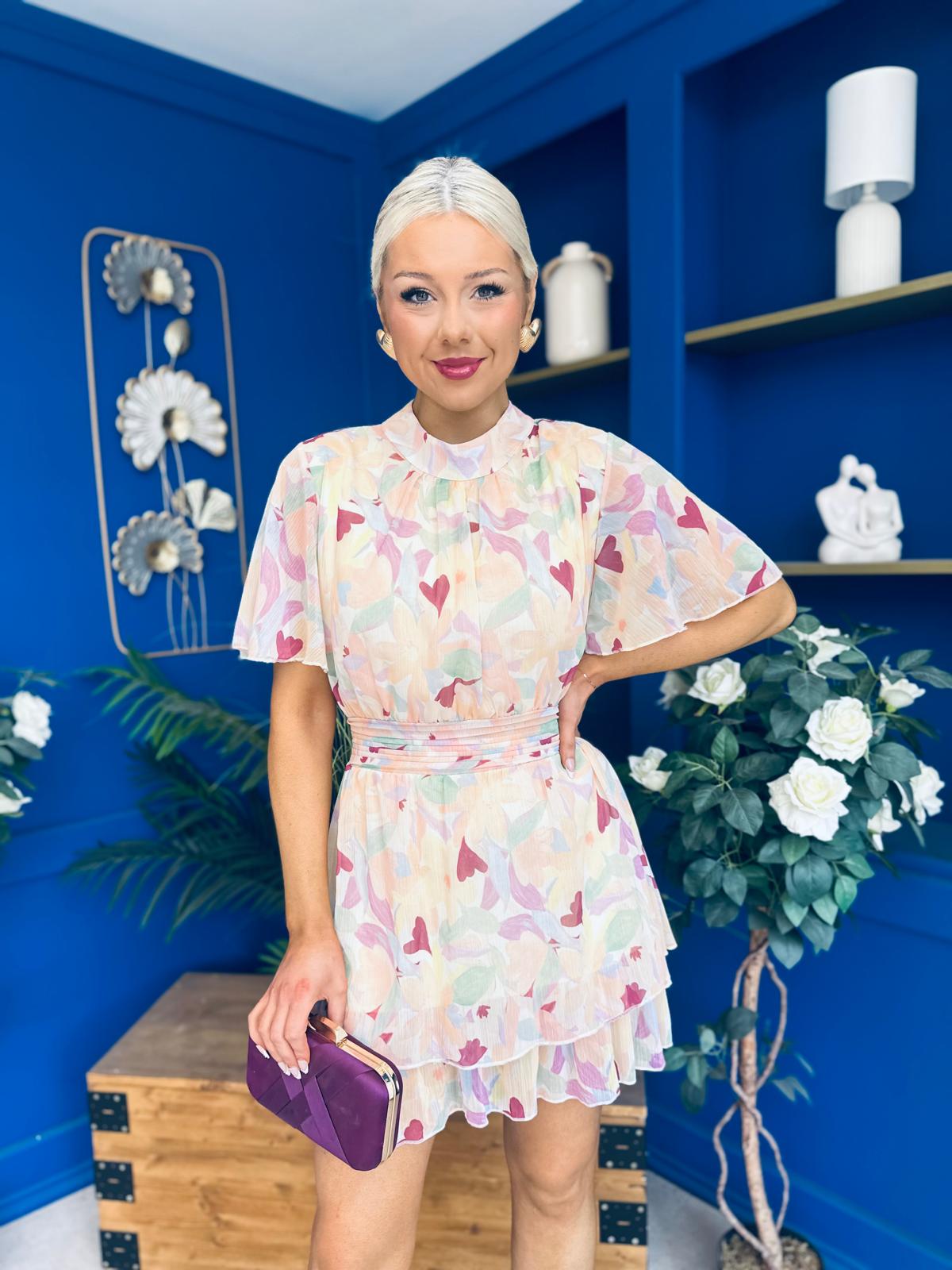 Sara Detailed Mini Dress Floral Yellow