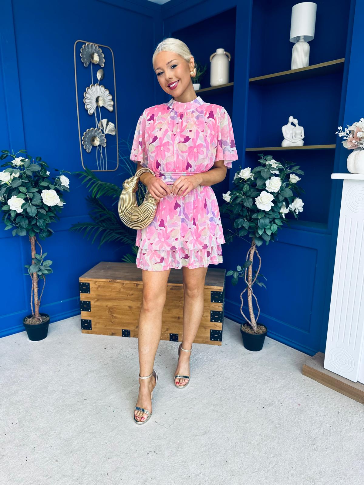Sara Detailed Mini Dress Floral Pink