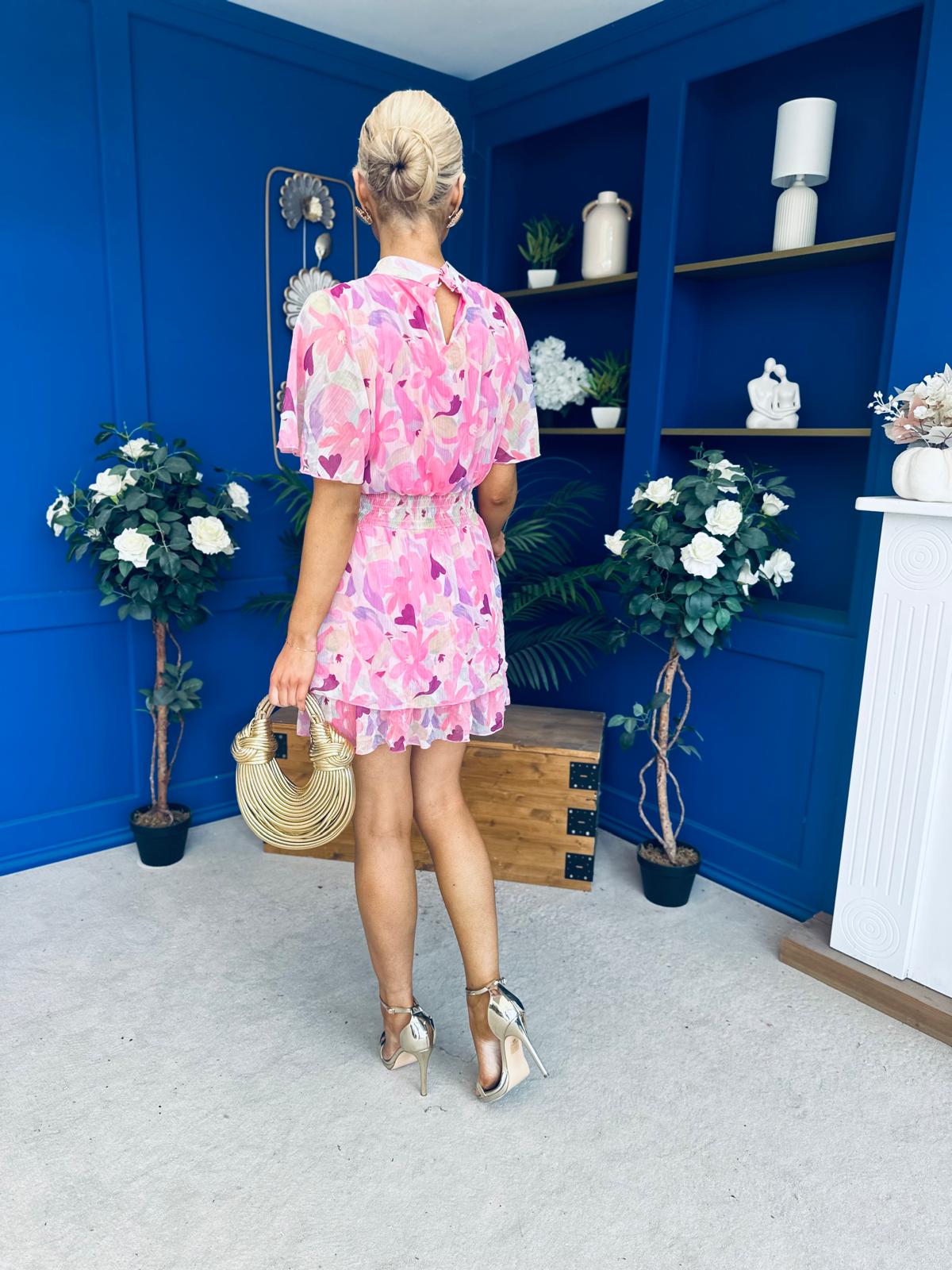 Sara Detailed Mini Dress Floral Pink