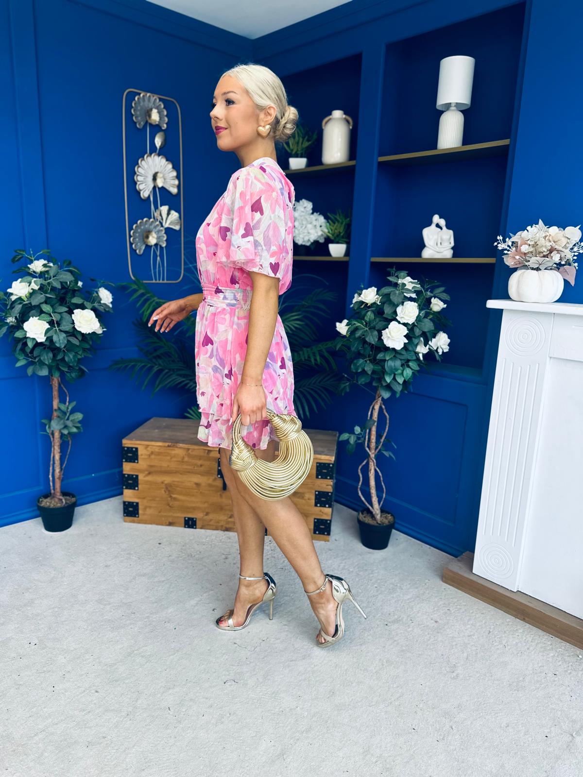Sara Detailed Mini Dress Floral Pink