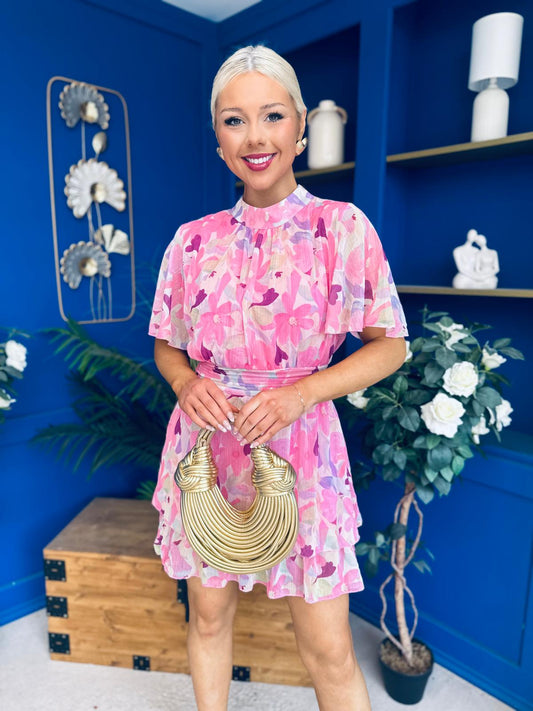Sara Detailed Mini Dress Floral Pink
