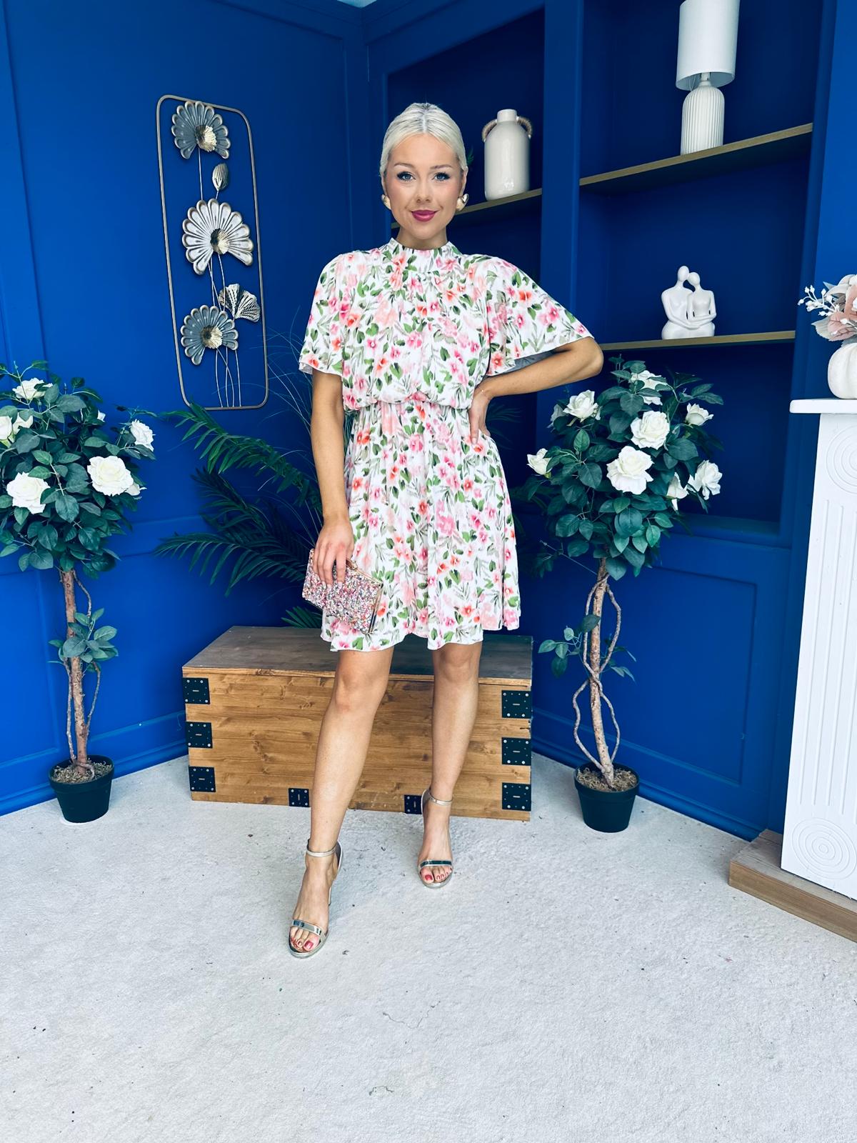 Juno Detailed Mini Dress Cream Floral