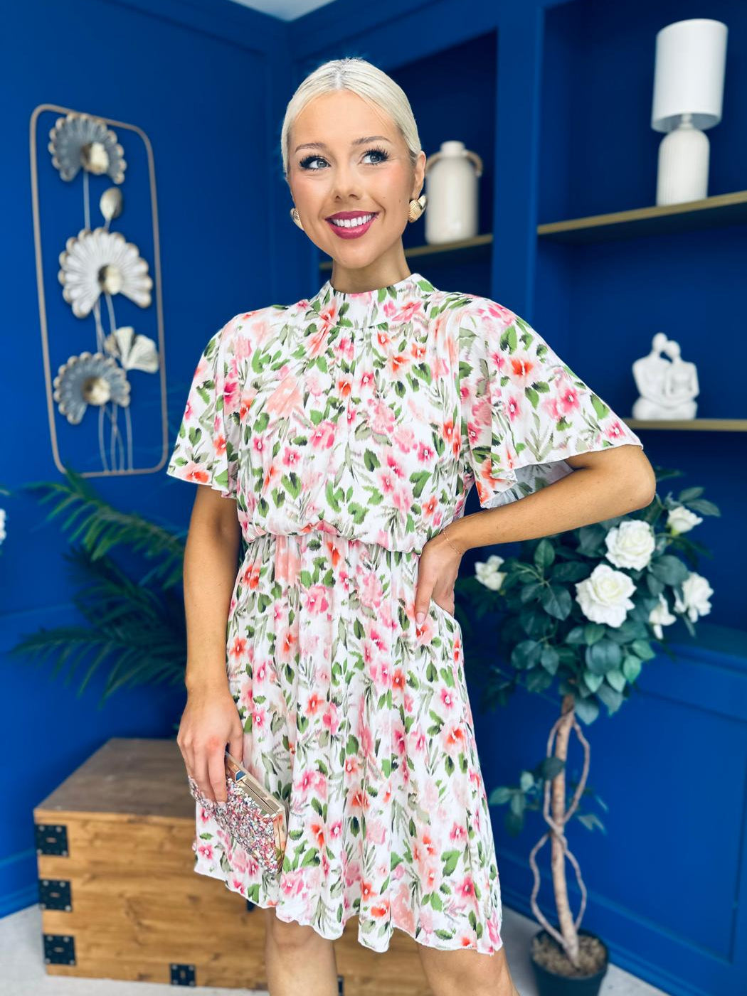 Juno Detailed Mini Dress Cream Floral