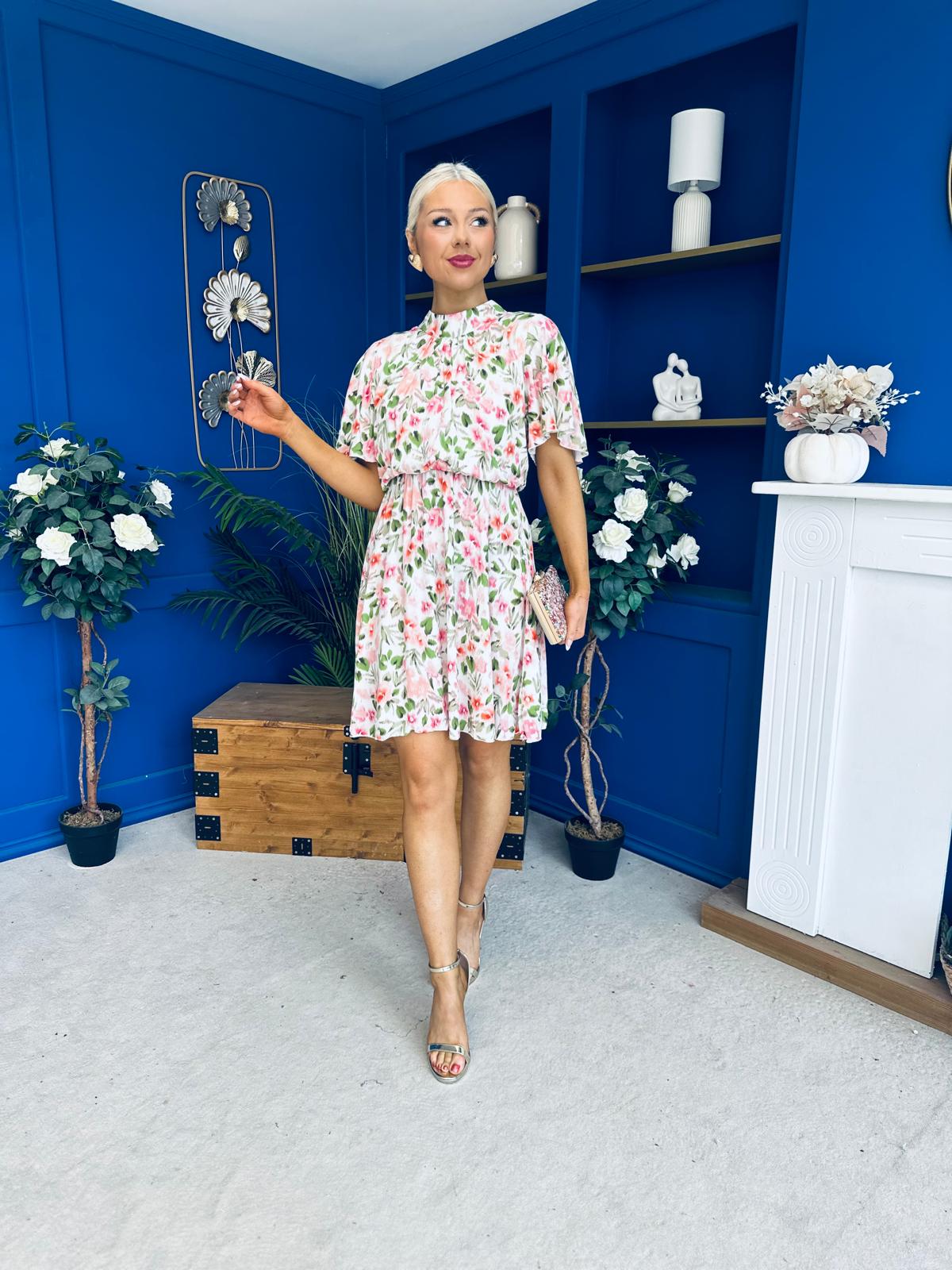 Juno Detailed Mini Dress Cream Floral