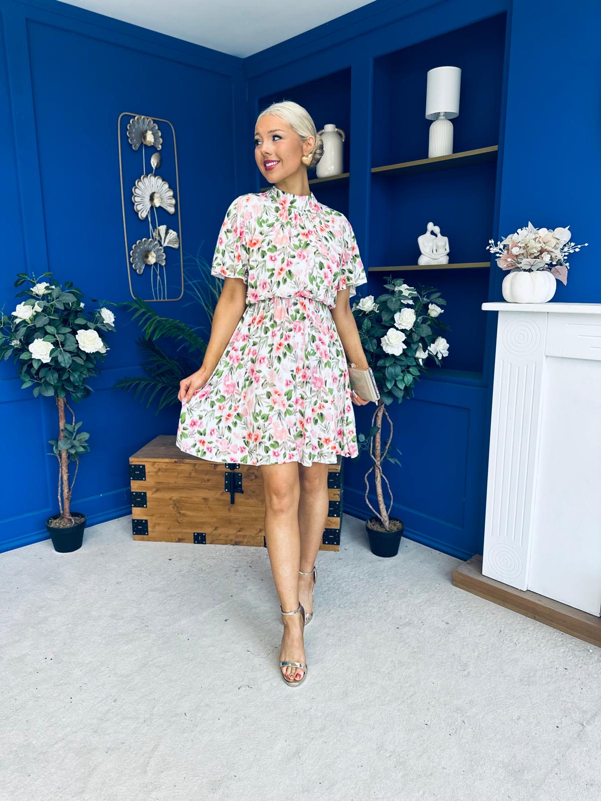 Juno Detailed Mini Dress Cream Floral