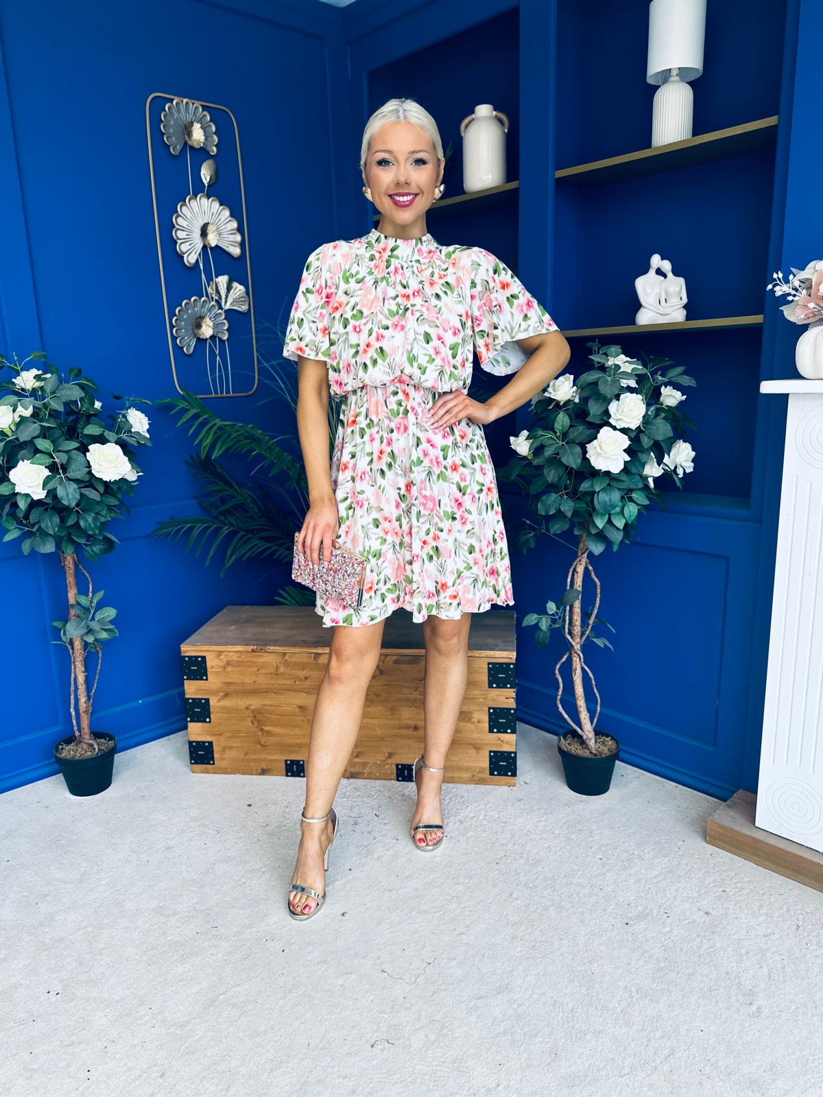 Juno Detailed Mini Dress Cream Floral