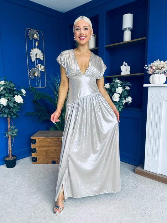 Charlie Plunge Neck Occasion Dress Metallic
