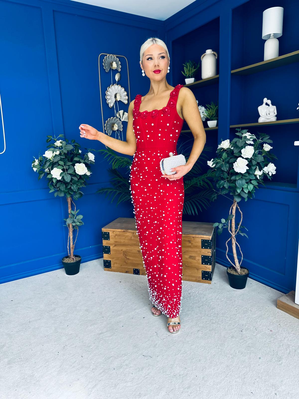 Georgia Pearl Embellished Occasion Dress Red