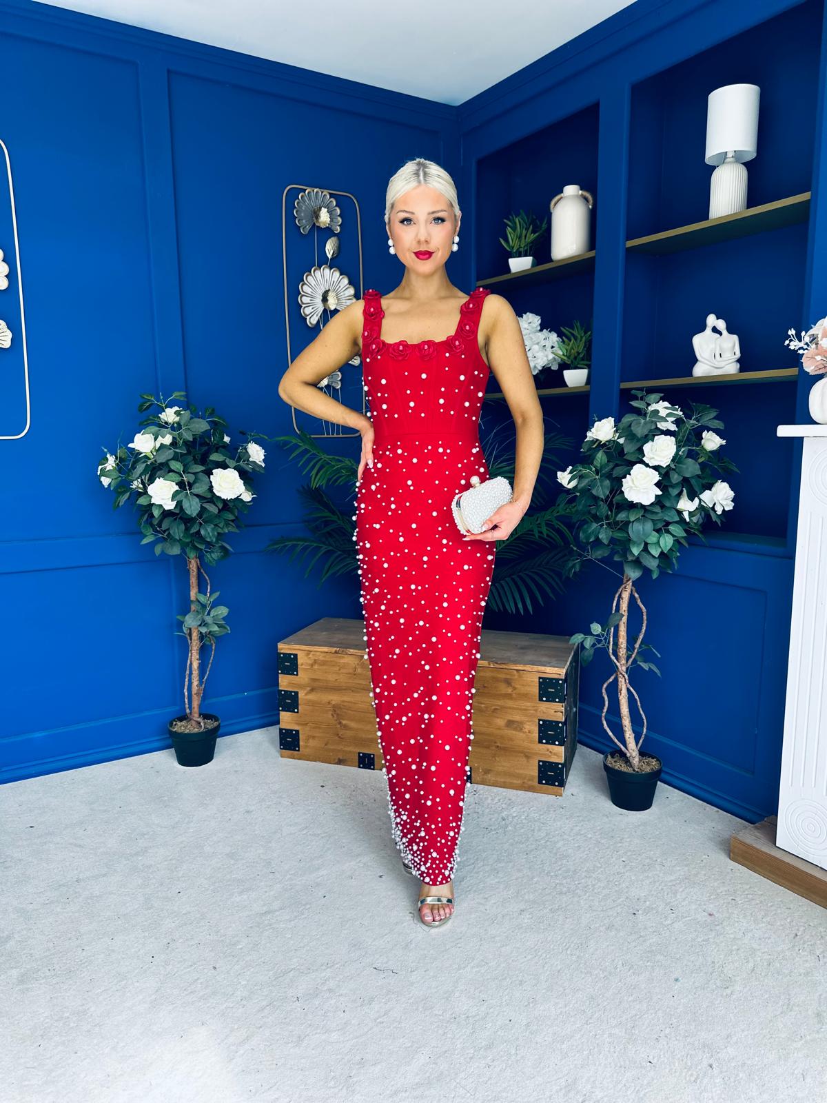 Georgia Pearl Embellished Occasion Dress Red