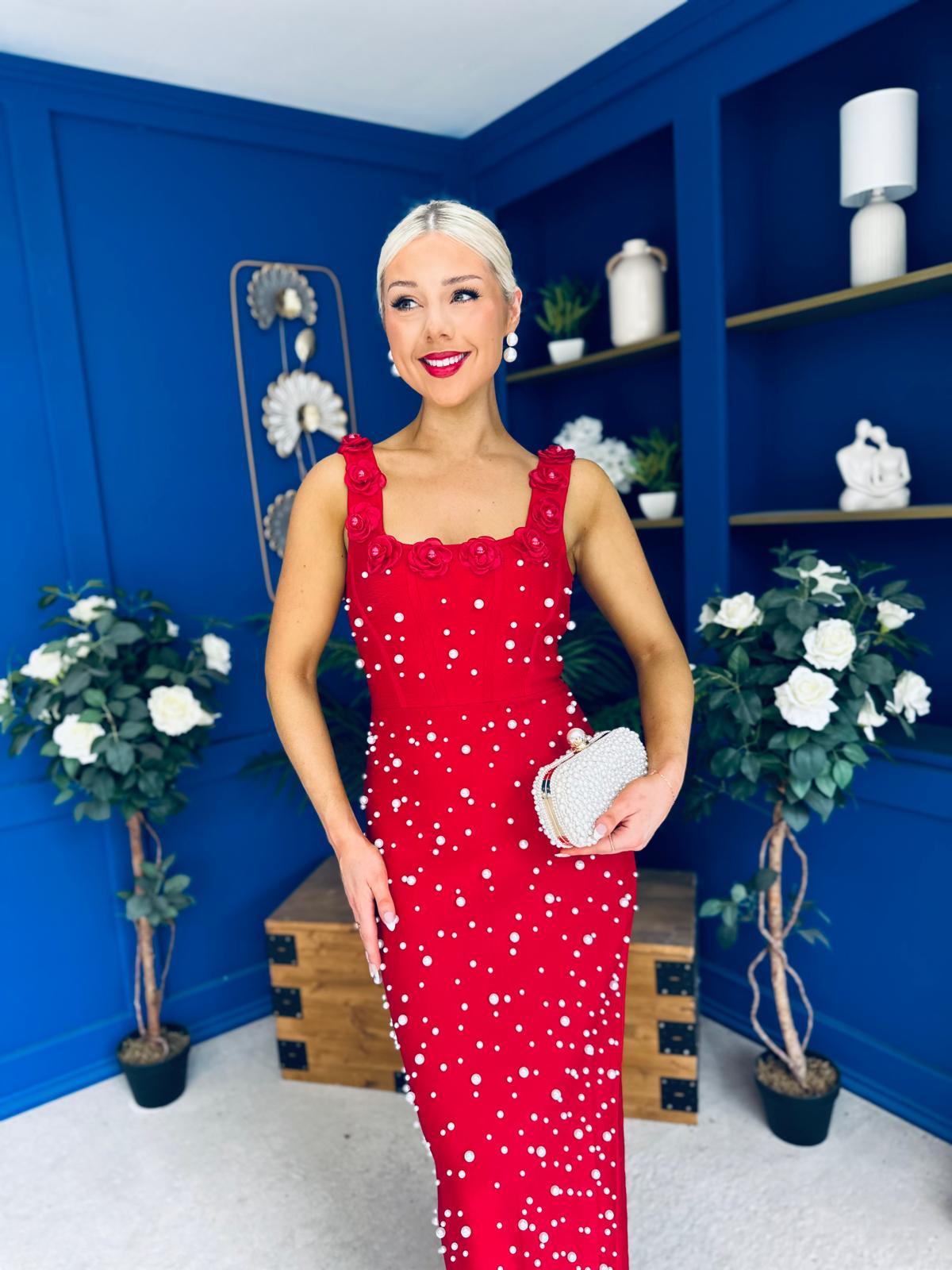 Georgia Pearl Embellished Occasion Dress Red