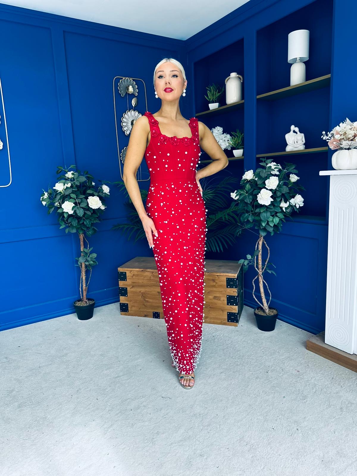 Georgia Pearl Embellished Occasion Dress Red