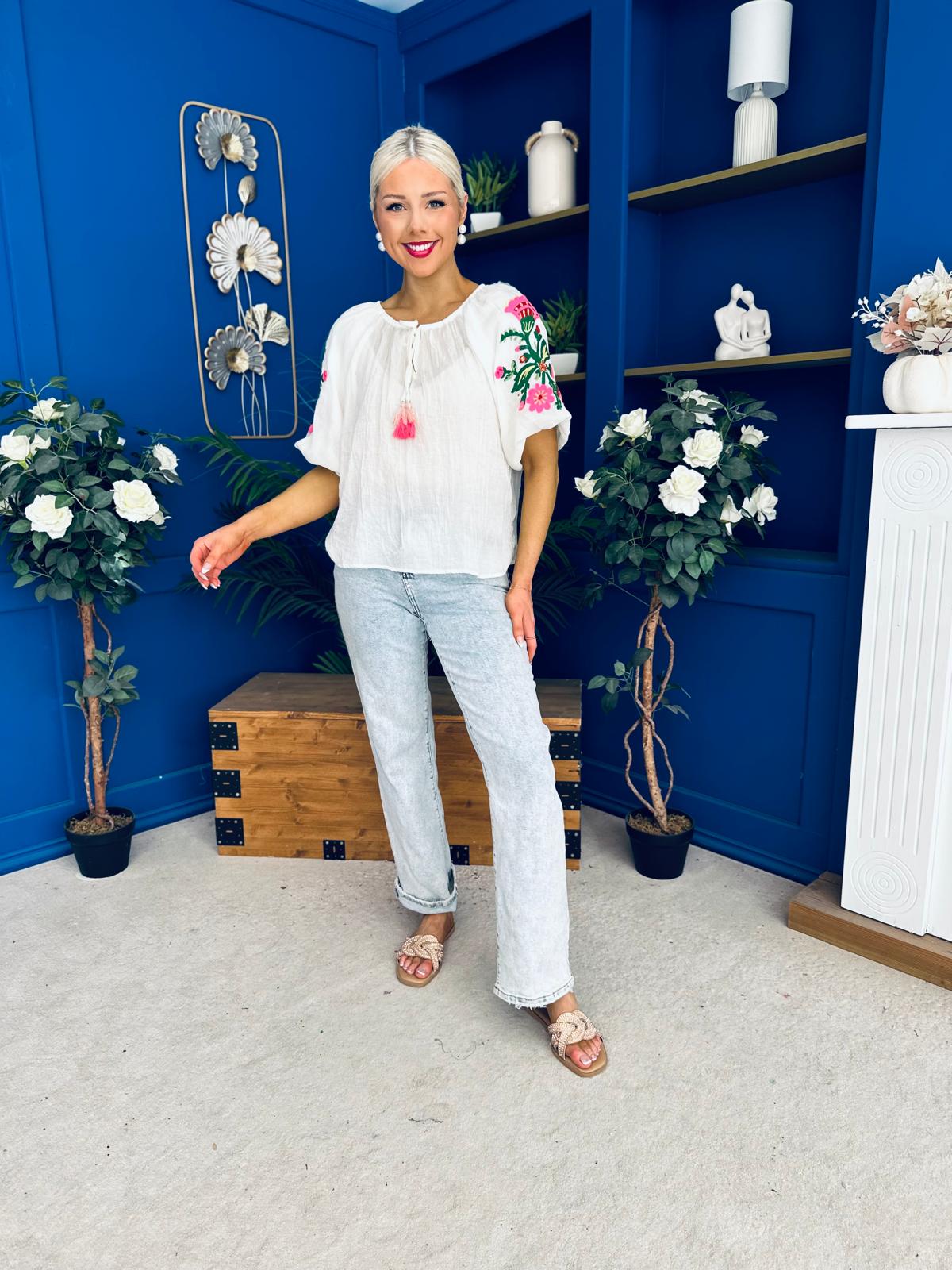 Alissa Embroidered Short Sleeve Top Cream