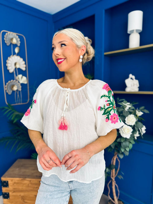 Alissa Embroidered Short Sleeve Top Cream