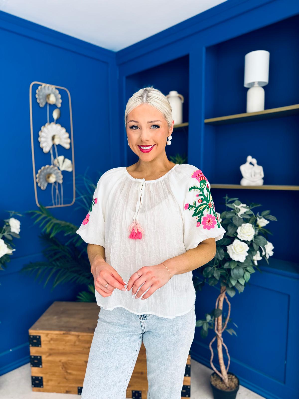 Alissa Embroidered Short Sleeve Top Cream