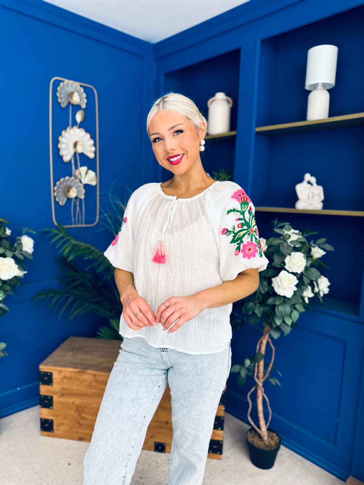 Alissa Embroidered Short Sleeve Top Cream